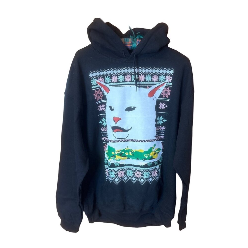 Gildan Heavy Blend Woman Yelling at Cat MChristmas Hoodie Sweatshirt Size M Blac